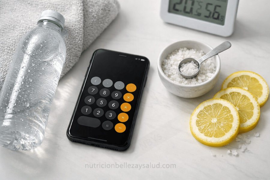 Calculadora de hidratación y electrolitos NBYS en móvil con botella y sales, estilo editorial