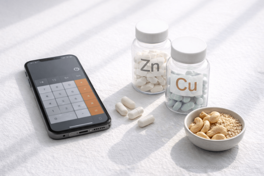 Calculadora zinc cobre NBYS en pantalla con cápsulas neutras y frutos secos, luz natural