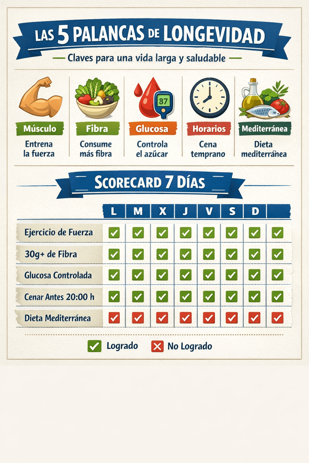 Infografía: las 5 palancas de longevidad (músculo, fibra, glucosa, horarios y dieta mediterránea) con scorecard de 7 días para seguimiento