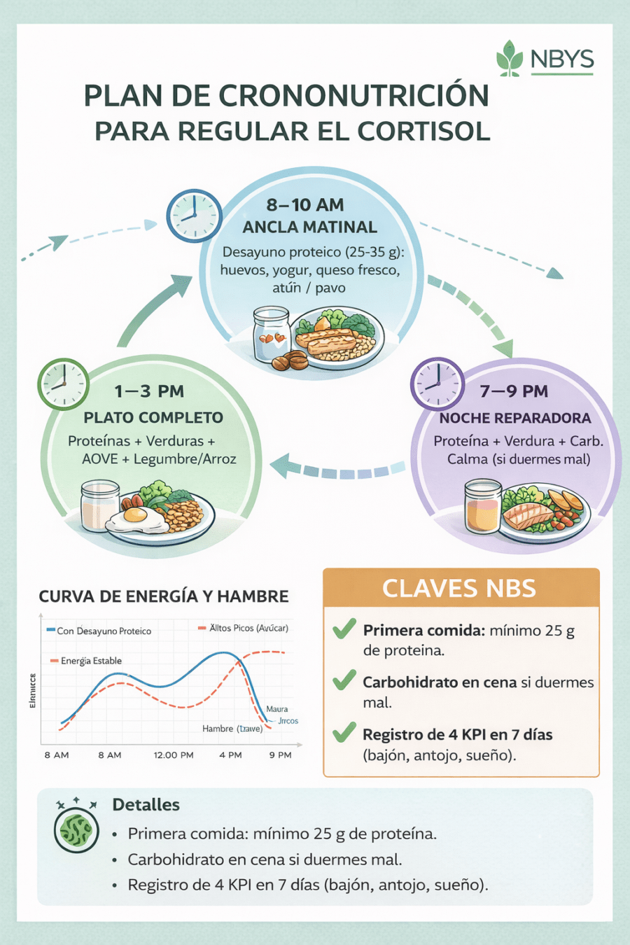 Infografía: plan de crononutrición para regular el cortisol con ancla matinal de proteína, plato completo al mediodía y cena reparadora
