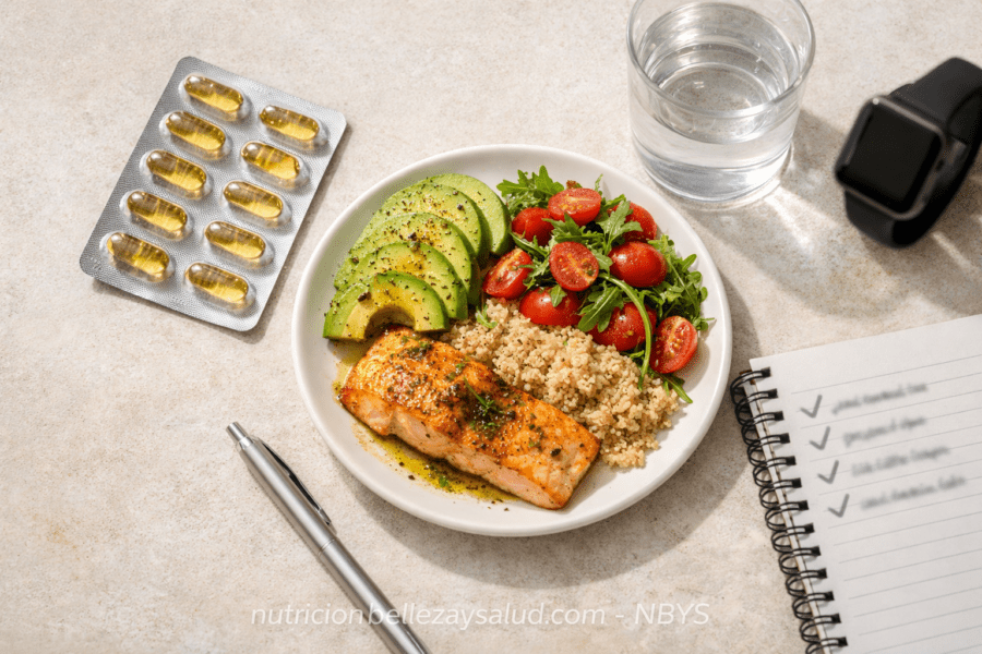 blíster cápsulas neutras omega-3 sin texto legible, plato de comida real con AOVE-aguacate, vaso de agua