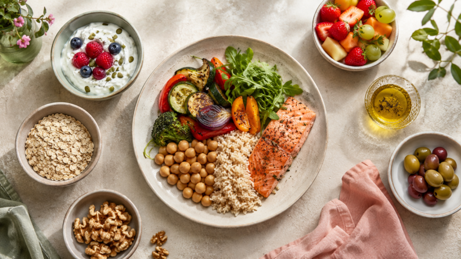 Dieta saludable para mujeres con verduras, legumbres, pescado y menú semanal